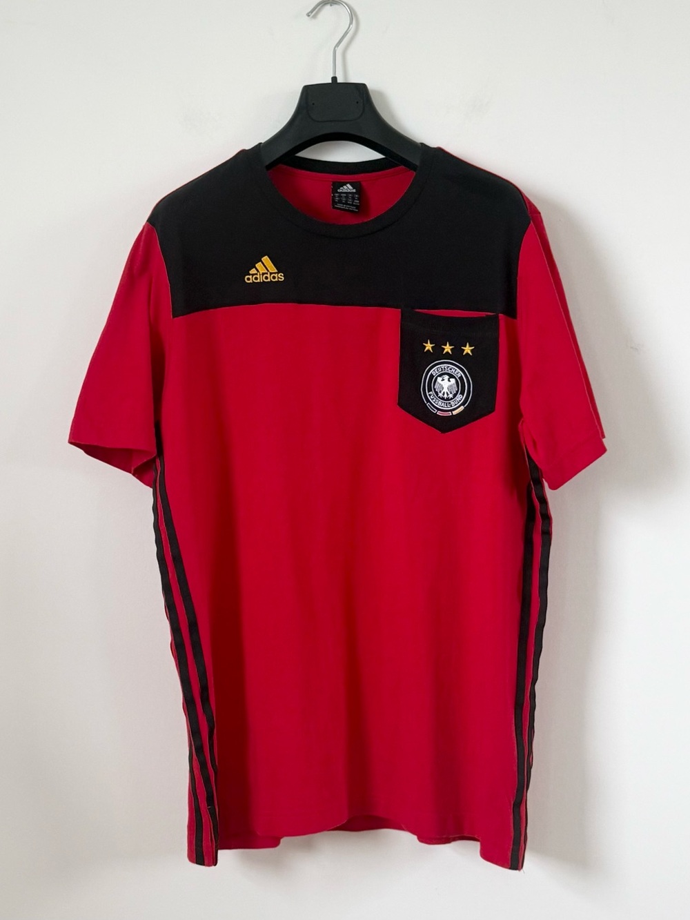 Vtg Adidas Y2K Germany DFB Pocket T-Shirt Red Black Gold Soccer Tee Size XL